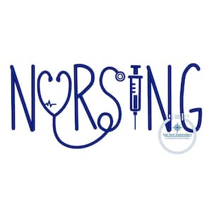 May include: Blue and white embroidery design of the word "NURSING" with a stethoscope and syringe. The design includes a heart with a heartbeat line and a needle.