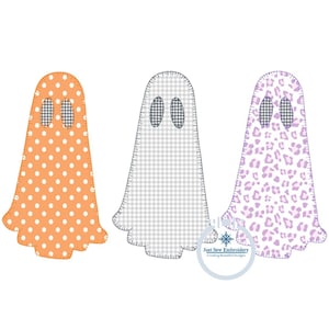 May include: Three fabric ghost decorations in orange polka dot, gray gingham, and lavender leopard print patterns. Each ghost has oval eyes and a scalloped bottom edge. The image includes the text "Just Sew Embroidery Creating Beautiful Designs."