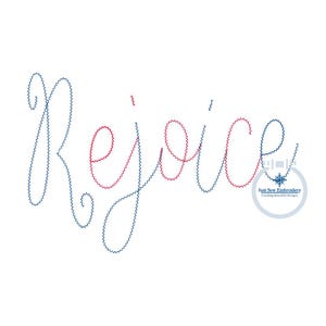 May include: The word "Rejoice" in a cursive font, with blue and red zig-zag stitching. The word is centered on a white background. A small logo is in the lower right corner.
