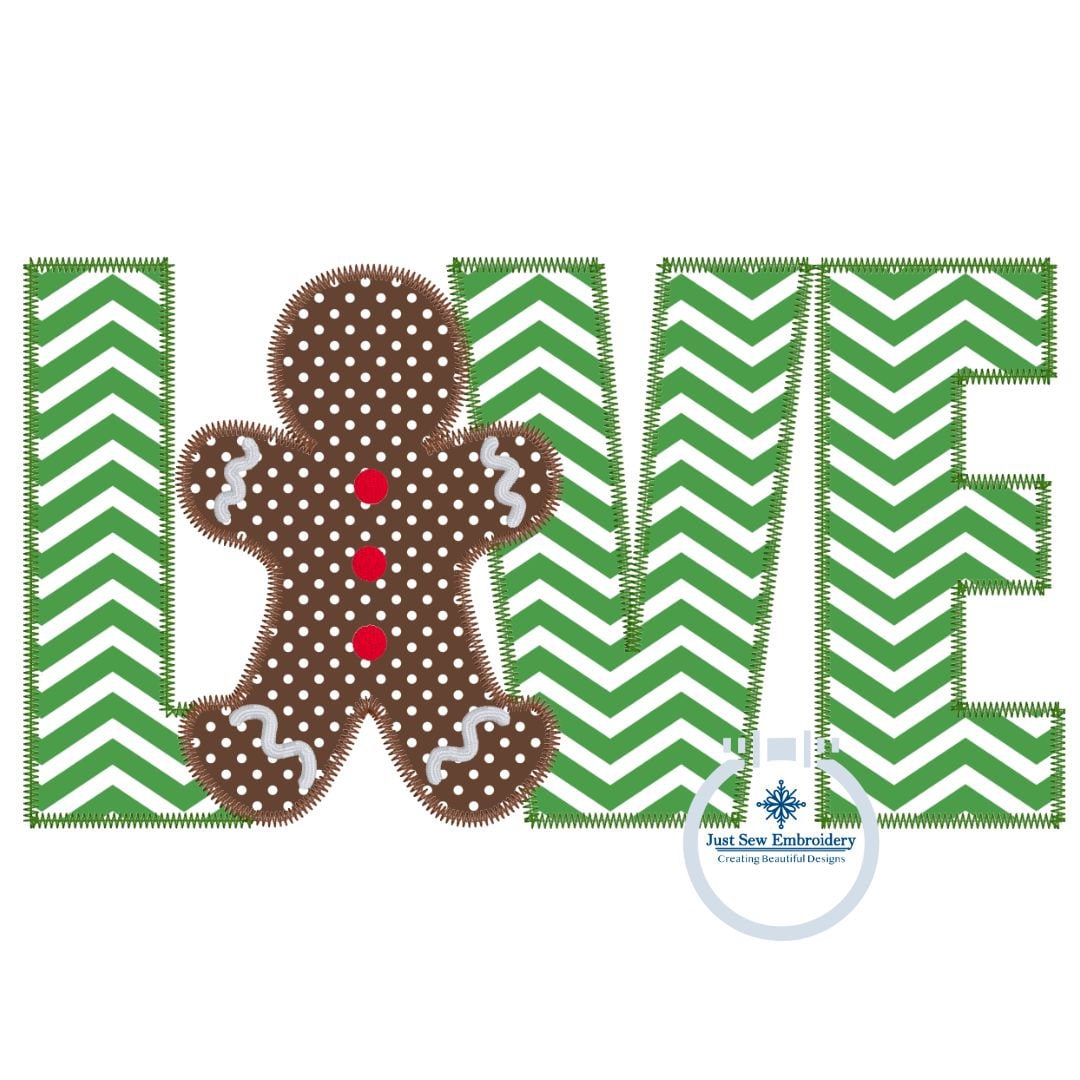 LOVE Gingerbread Man Applique Machine Embroidery Design With Zigzag Edge Stitch Five Sizes 4x4