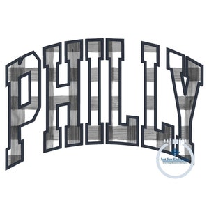 May include: Black and white checkered design of the word "Philly" in a bold, blocky font with a dark blue outline.
