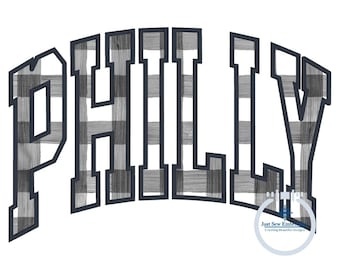 May include: Black and white checkered design of the word "Philly" in a bold, blocky font with a dark blue outline.