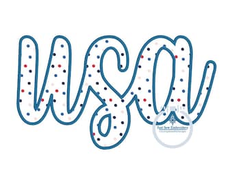 USA Applique Embroidery Script Machine Embroidery Satin Stitch Five Sizes 5x7, 8x8, 9x9, 6x10, and 7x12 Hoop