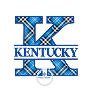 Pode incluir: Letra K em xadrez azul e branco com a palavra "KENTUCKY" em texto azul abaixo da letra. A letra é dividida ao meio com a palavra "KENTUCKY" no meio. A metade inferior da letra K está ligeiramente deslocada para a direita. A imagem tem um fundo branco.