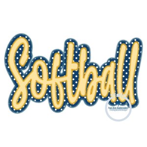 May include: A yellow and blue embroidered design of the word "Softball" with white polka dots. The design is outlined in blue and has a distressed look. The text "Just Sew Embroidery Creating Beautiful Designs" is in a circle at the bottom of the design.