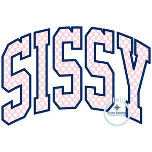 Puede incluir: Un diseño de aplique rosa y azul con la palabra "SISSY" en una fuente en negrita y de bloque. Las letras están rellenas con un patrón de lunares rosas y delineadas en azul.