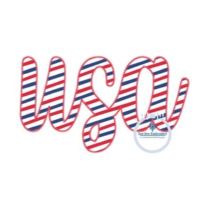 May include: USA in red, white, and blue striped lettering with a stitched look. The word "USA" is in a cursive font. A small circle with the text "Just Sew Embroidery Creating Beautiful Designs" is in the lower right corner.