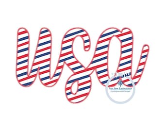 USA Applique Embroidery Script Machine Embroidery Zigzag Stitch Five Sizes 4x4, 5x7, 8x8, 6x10, and 8x12 Hoop