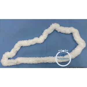 May include: White fluffy outline of the state of Virginia on a light blue background. The text "Just Sew Embroidery Creating Beautiful Designs" is in the lower right corner of the image.