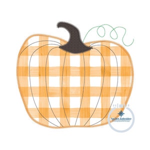 May include: A digital embroidery design of a pumpkin with a gingham pattern. The pumpkin is orange and white and has a green stem.