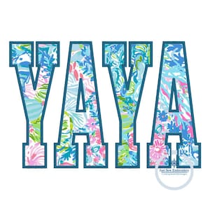 May include: A blue and white floral design with the word "YAYA" in large, bold, blue letters with a white outline.