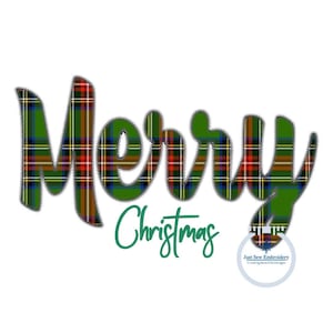 May include: Merry Christmas text in a green, red and yellow tartan pattern. The text is in a cursive font. The words "Just Sew Embroidery" are in a white circle with a snowflake design.