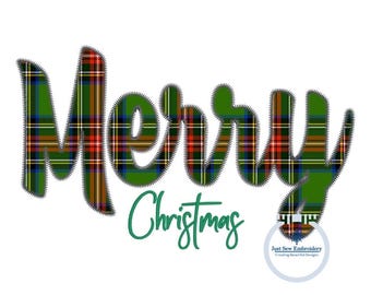 Könnte beinhalten: Frohe Weihnachten Text in einem grünen, roten und gelben karierten Muster. Der Text ist in einer kursivschrift. Die Worte "Just Sew Embroidery" stehen in einem weißen Kreis mit einem Schneeflocken-Design.