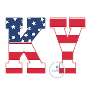 以下が含まれることがあります： アメリカの国旗を思わせる赤、白、青の刺繍文字「KY」。「K」は白い星が散りばめられた青いフィールド、「Y」は赤と白のストライプになっています。文字は赤で縁取られています。