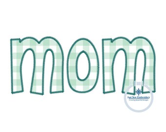 May include: The word "MOM" in green outlined letters with a white and green gingham pattern.