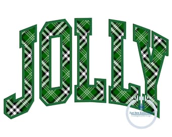 Puede incluir: Texto "JOLLY" en cuadros verdes y blancos en una fuente negrita y en bloque con un contorno verde oscuro. El texto está arqueado y la esquina inferior derecha tiene un pequeño logotipo que dice "Just Sew Embroidery Creating Beautiful Designs".