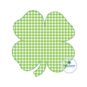 May include: Green and white gingham four-leaf clover design.  "Just Sew Embroidery" is written in a white circle with a snowflake design.