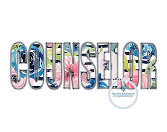 May include: Floral patterned embroidery design of the word "COUNSELOR" with a stitched outline. The design is on a white background with a small logo at the bottom that says "Just Sew Embroidery Creating Beautiful Designs".
