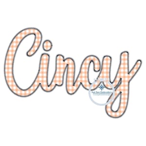 Puede incluir: El nombre "Cincy" está bordado con un contorno negro y un patrón de cuadros de color melocotón y blanco en el interior. El diseño de bordado es para una máquina de coser.
