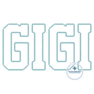 May include: A teal blue embroidered design of the word "GIGI" in a blocky font style.