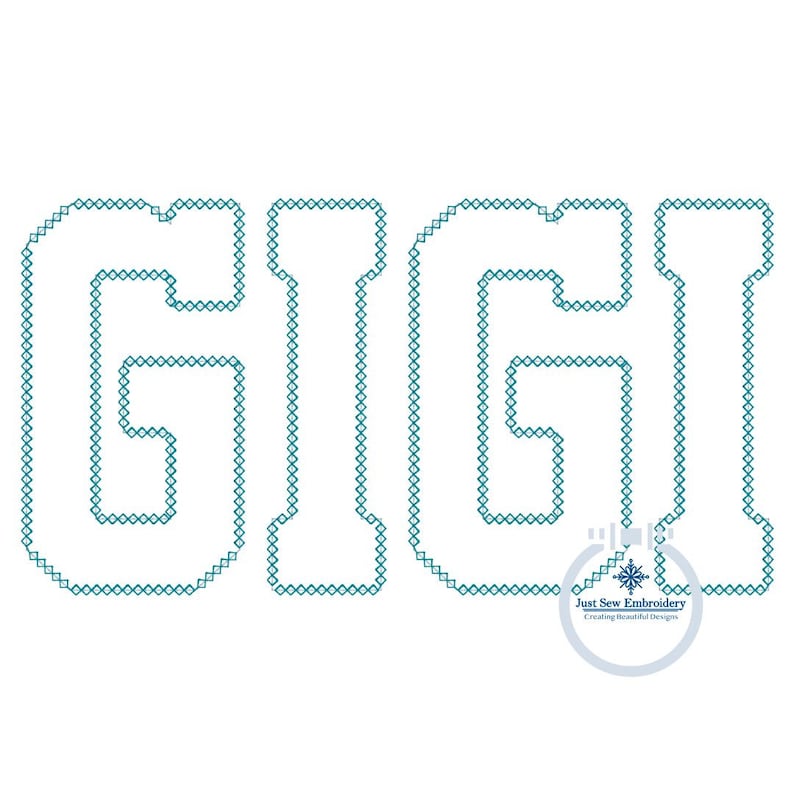 May include: A teal blue embroidered design of the word "GIGI" in a blocky font style.
