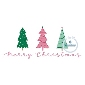 Merry Christmas Script with Tree Trio Machine Embroidery Design Two Sizes 6x10, 5x12 Hoop