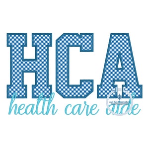 Puede incluir: Letras de vichy azul y blanco que deletrean "HCA" con el texto "health care aide" debajo.
