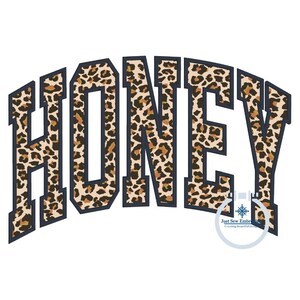 May include: The word "HONEY" in a leopard print font with a navy blue outline. The letters are in a rounded, collegiate style font.