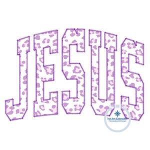 May include: A white background features the word "JESUS" in a purple leopard print design. The letters are outlined with a darker purple stitched border. The image includes a small logo in the bottom right corner.
