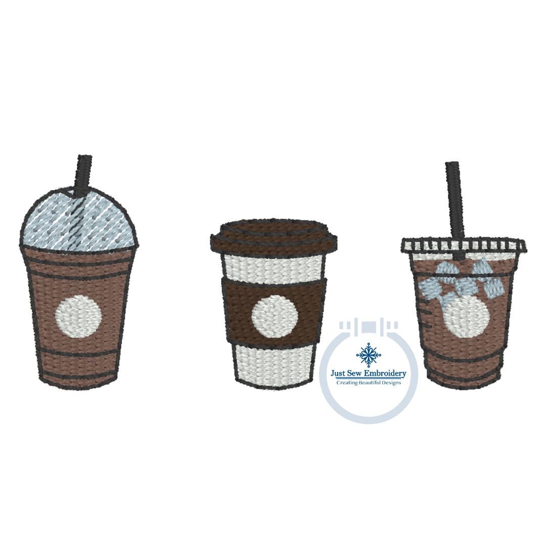 Coffee Embroidery to Go Cup, Frappuccino, Iced Coffee, Trio