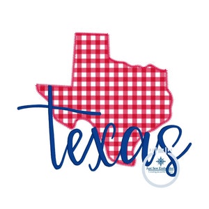 May include: Red and white gingham patterned outline of the state of Texas with the word "Texas" written in blue cursive script below. The text "Just Sew Embroider Creating beautiful designs" is in a small circle at the bottom right corner of the image.