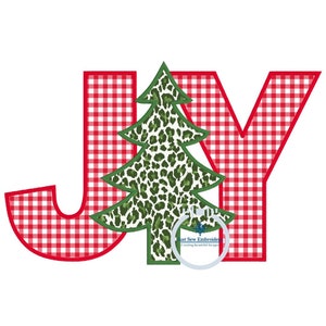 May include: Red and white gingham letters spelling "JOY" with a green and brown leopard print Christmas tree in the center.