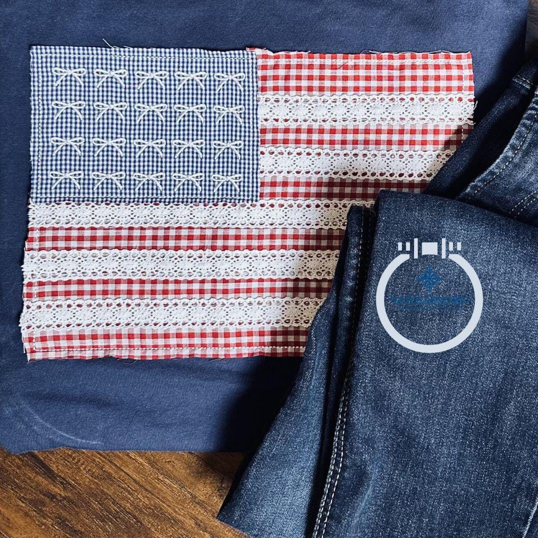 アメリカ国旗のリボンとレースのアップリケ刺繍機デザイン ビーン