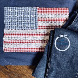 American Flag Bow and Lace Applique Embroidery Machine Design Bean Stitch 4th of July Independence Five Sizes 5x7, 8x8, 6x10, 7x12, and 8x12