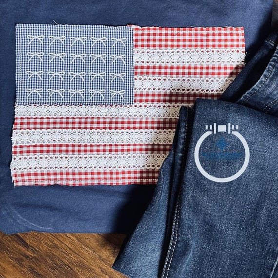 アメリカ国旗のリボンとレースのアップリケ刺繍機デザイン ビーン