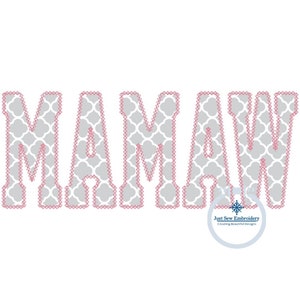 May include: The word "MAMA" is spelled out in large, gray letters with a pink outline. The letters are filled with a repeating geometric pattern. The text "Just Sew Embroidery Creating Beautiful Designs" is in a circle at the bottom of the image.