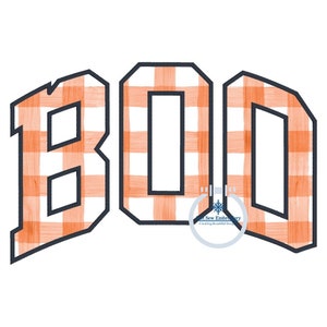 May include: Orange and white checkered "BOO" letters in a bold font. The letters are outlined in black.