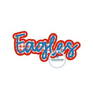 May include: Red and blue embroidery design of the word "Eagles" with a gingham pattern inside the letters. The design is surrounded by a red outline.