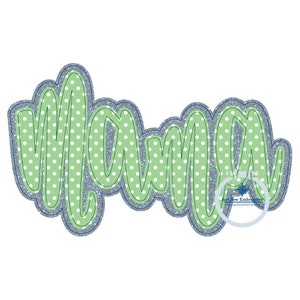 May include: Green and white polka dot "mama" word art with a blue glitter outline. The word art is designed for embroidery.