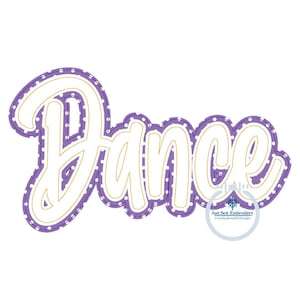 May include: A purple and white embroidered patch with the word "Dance" in a cursive font. The word is outlined in gold and has a dotted pattern. The patch has a white background.