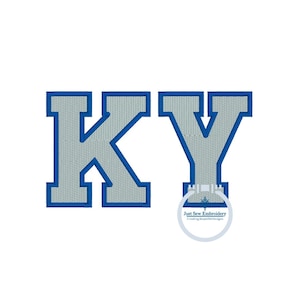 May include: Embroidered letters "KY" in blue and gray with a white outline. The letters are in a collegiate style font. The image includes the text "Just Sew Embroidery Creating Beautiful Designs".