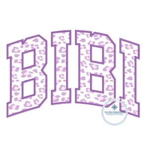 May include: A digital design featuring the name "BIBI" in a purple, collegiate-style font. The letters are filled with a light purple leopard print pattern and outlined in a darker purple. The design is on a white background.