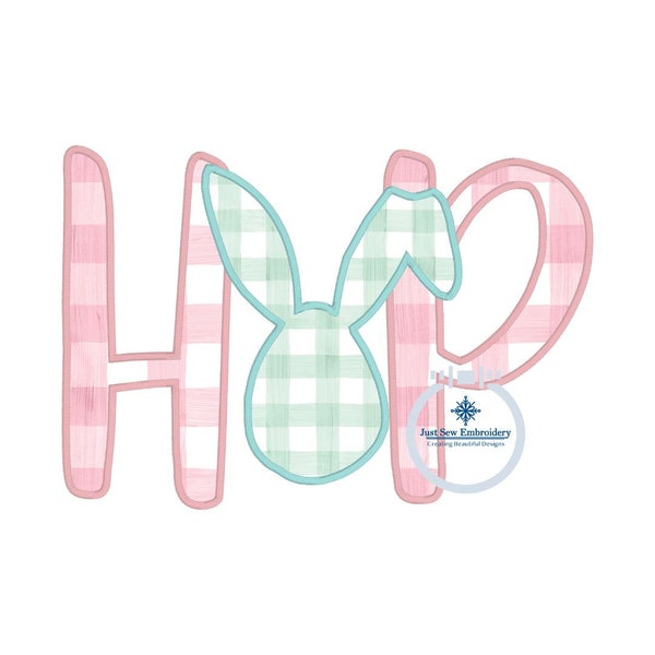 Bunny Hop Applique Machine Embroidery Design with Satin or ZigZag Finishing Stitch Four Sizes 5x7, 8x8, 6x10 and 8x12 Hoop