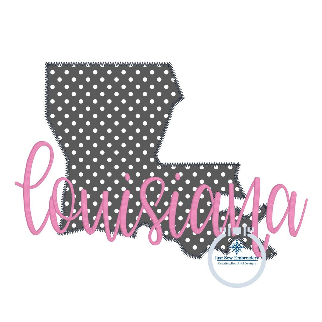 Louisiana Applique State Embroidery Design With Satin Stitch Script Overlap Five Sizes 5x7, 8x8