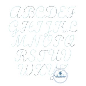 May include: A complete alphabet in a cursive font, with each letter outlined in a light blue color and a darker blue zigzag stitch. The letters are displayed on a white background. The image includes the text "Just Sew Embroidery Creating Beautiful Designs."