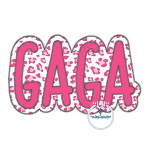 May include: Pink and white leopard print fabric with the word "GAGA" in a pink outline. The word is outlined in black with a stitched effect.