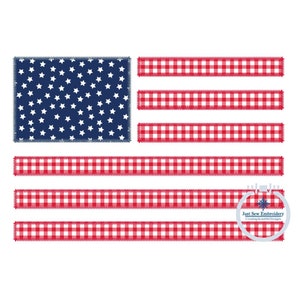 May include: A red, white, and blue American flag design with a gingham pattern. The flag is made up of five horizontal stripes, with the top stripe being red, the second white, the third red, the fourth white, and the fifth red. The stars are white and are arranged in a circle on a blue background. The text "Just Sew Embroidery" is in a white circle with a snowflake design.