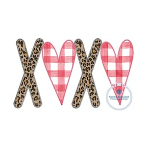 May include: A digital embroidery design featuring the letters "XXX" with a heart in between each "X". The "X"s are in a leopard print pattern and the hearts are in a red and white gingham pattern.