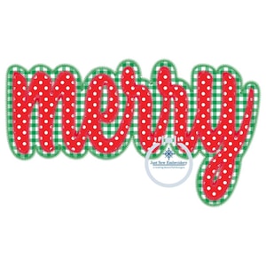 May include: Red and green "merry" text with white polka dots and a green and white gingham pattern. The text is outlined in white. The text is from Just Sew Embroidery, creating beautiful designs.