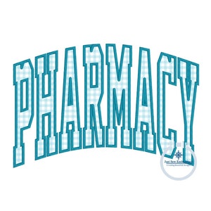 Könnte beinhalten: Das Wort "PHARMACY" wird mit einem blau-weißen Gingham-Muster in einer fetten, blockartigen Schrift erstellt. Das Wort ist in einem dunkleren Blau umrandet. Das Bild enthält den Text "Just Sew Embroidery" und "Creating Beautiful Designs".